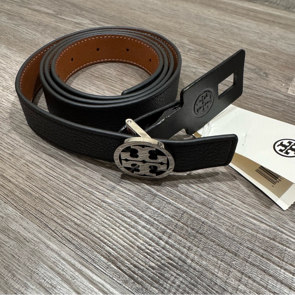 Tory Burch 1” Reversible Logo Black Classic Cuoio Silver Belt - Picture 6 of 12
